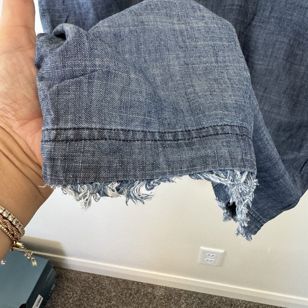Trina Turk Chambry Lightweight Popover Dress Blue Frayed Hemline Linen Blend M - Picture 7 of 13